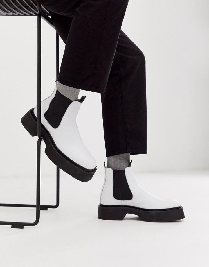 Asos Design Chelsea Square Toe Boots In Ecru Leather With Block Color Sole
