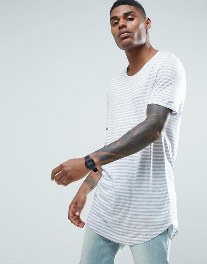 Asos Stripe Super Longline T-shirt With Stretched Neck - White