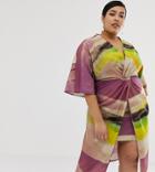 Asos Design Curve Knot Front Kimono Midi Dress In Abstract Print - Multi