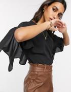 Asos Design Top With Fluted Sleeve In Black