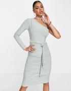 Femme Luxe One Shoulder Tie Waist Ruched Body-conscious Midi Dress In Sage-green