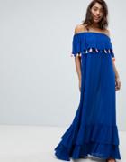 Anmol Off Shoulder Beach Dress With Multi Color Pom Pom Trim - Blue