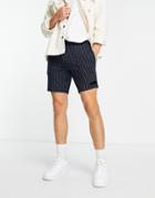 River Island Pull On Jersey Shorts In Navy Pinstripe