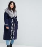 Dolly & Delicious Plus Premium Embroidered Wrap Front Coat With Fluffy Trim Detail - Navy