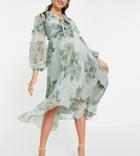 Asos Design Maternity Ruffle Detail Plunge Midi Dress With Tie Detail In Green Floral Print-multi