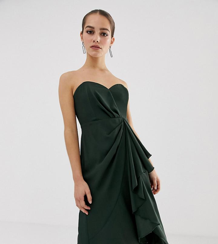 Asos Design Petite Structured Bandeau Midi Dress With Drape Front-green