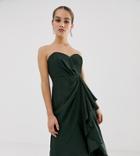 Asos Design Petite Structured Bandeau Midi Dress With Drape Front-green
