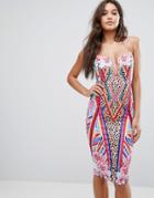 Ginger Fizz Cami Strap Midi Bodycon Dress In Geo-tribal Leopard Print - Multi