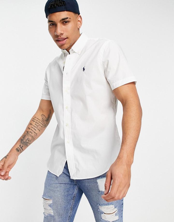 Polo Ralph Lauren Player Logo Short Sleeve Poplin Shirt Button Down Custom Regular Fit In White