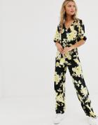 Miss Selfridge Jumpsuit With Knot Front In Floral Print - Black