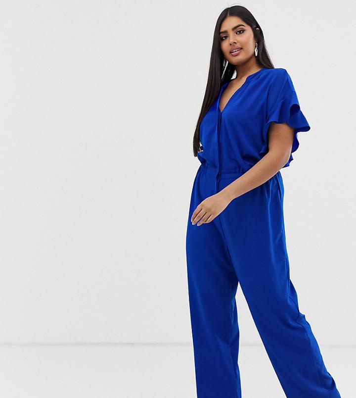 Junarose V-neck Jumpsuit With Frill Sleeve - Blue