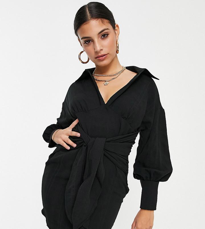 Asos Design Petite Textured Mini Shirt Dress With Double Tie In Black