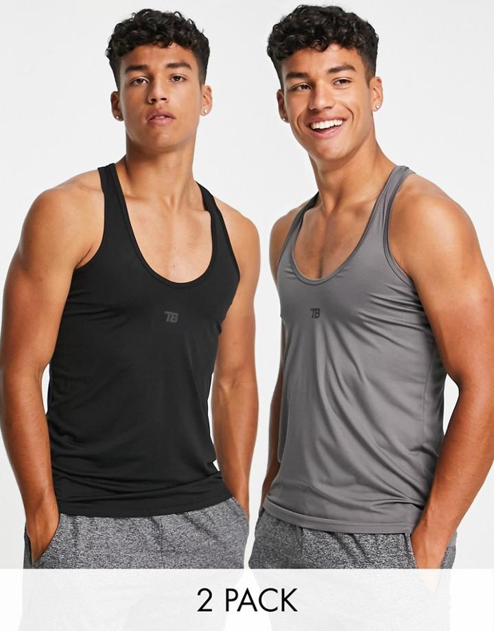 Threadbare Active 2-pack Stringer Training Tanks In Black & Charcoal