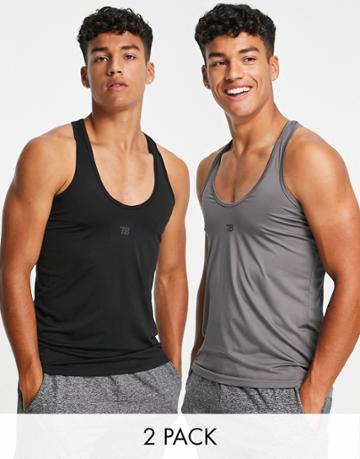 Threadbare Active 2-pack Stringer Training Tanks In Black & Charcoal