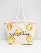 Asos Beach Vacation Slogan Shopper Bag With Rope Handle - Stone