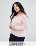 Asos Curve Sweater With Ruffle Off Shoulder - Pink