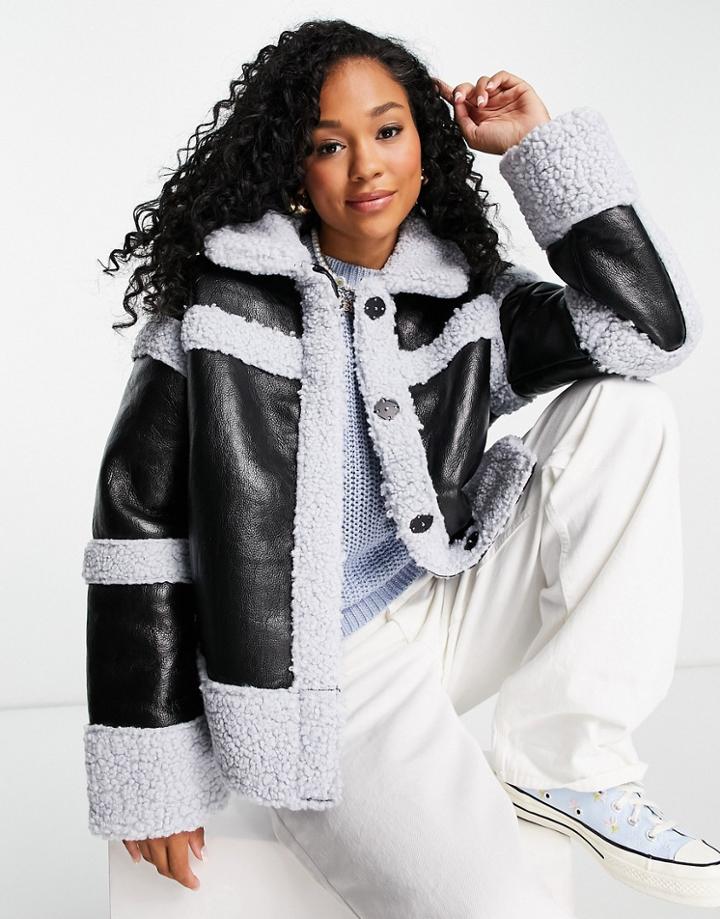 Asos Design Borg Panelled Jacket In Black And Blue
