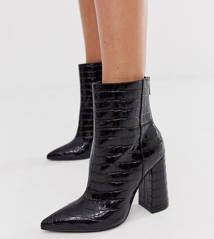 London Rebel Wide Fit Pointed Block Heeled Boot In Black - Black