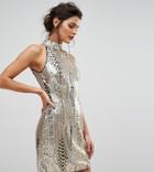 Tfnc High Neck Mini Dress In Gold Sequin - Gold