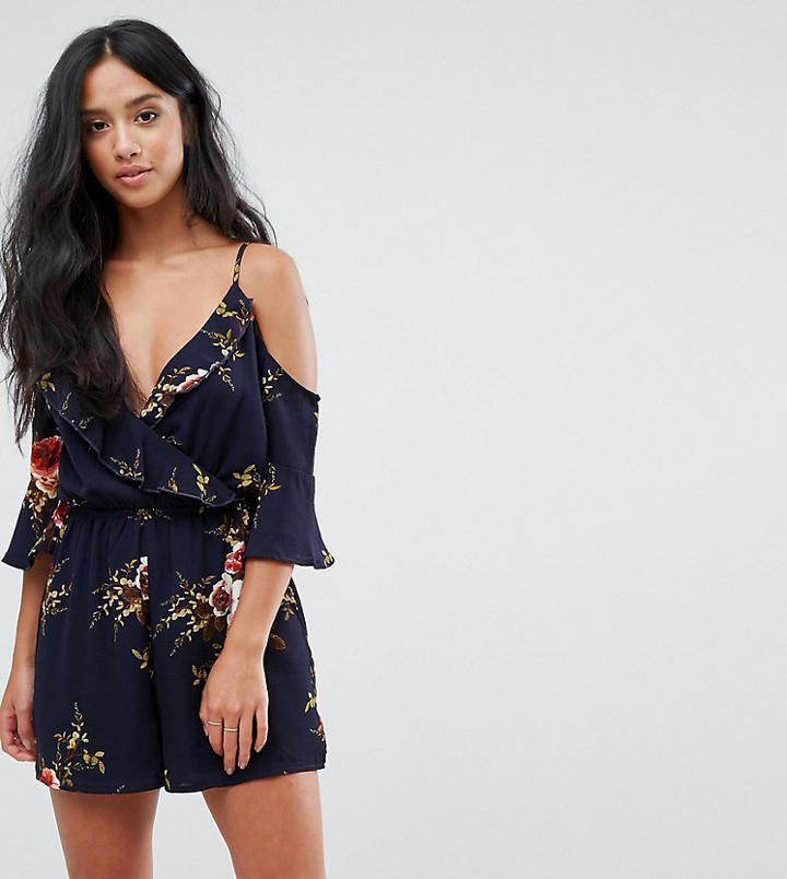 Parisian Petite Cold Shoulder Floral Romper - Navy