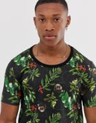 Asos Design T-shirt With Floral Skull Print And Scoop Neck - Black
