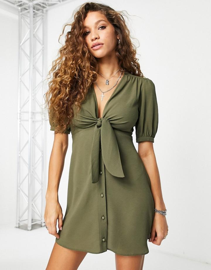 Asos Design Tie Front Button Through Mini Dress In Khaki-green