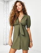 Asos Design Tie Front Button Through Mini Dress In Khaki-green