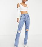 Parisian Tall High Waist Straight Leg Jeans With Ripped Knee In Blue