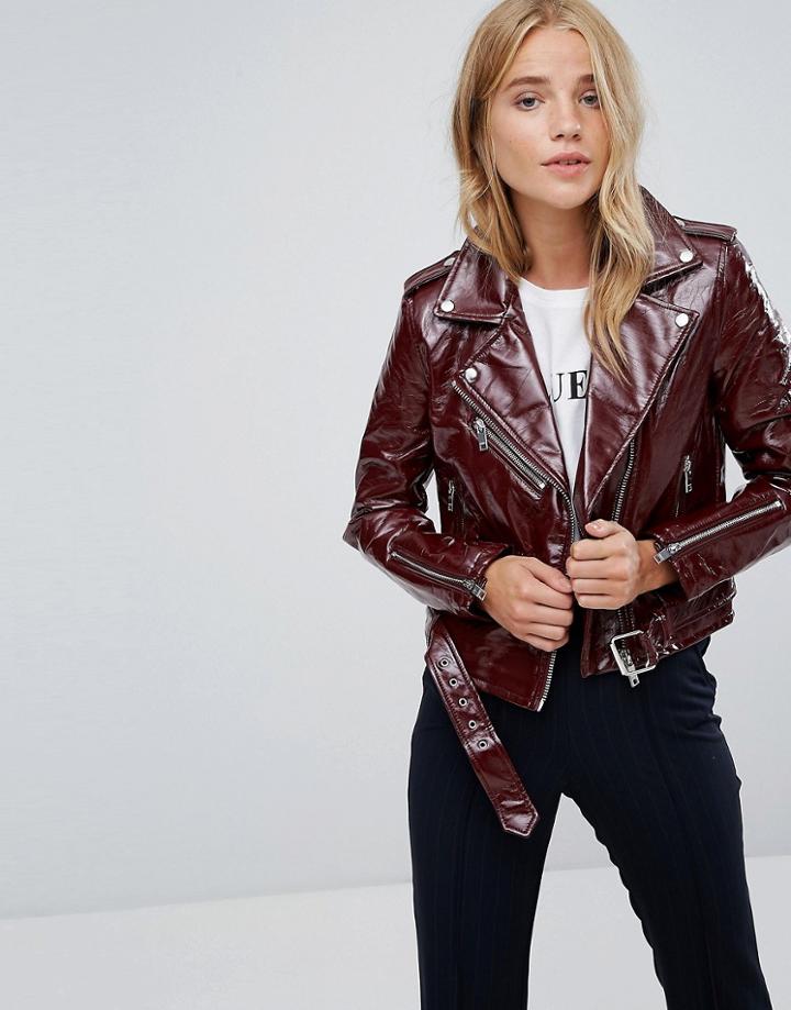 Bershka Vinyl Biker Jacket - Red