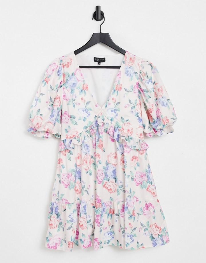 In The Style X Elle Darby Puff Sleeve Ruffle Detail Smock Dress In Multi Floral