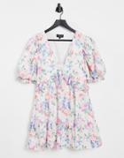In The Style X Elle Darby Puff Sleeve Ruffle Detail Smock Dress In Multi Floral