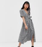 Glamorous Petite Midi Dress With Pleated Skirt And Tie Waist In Gingham-multi