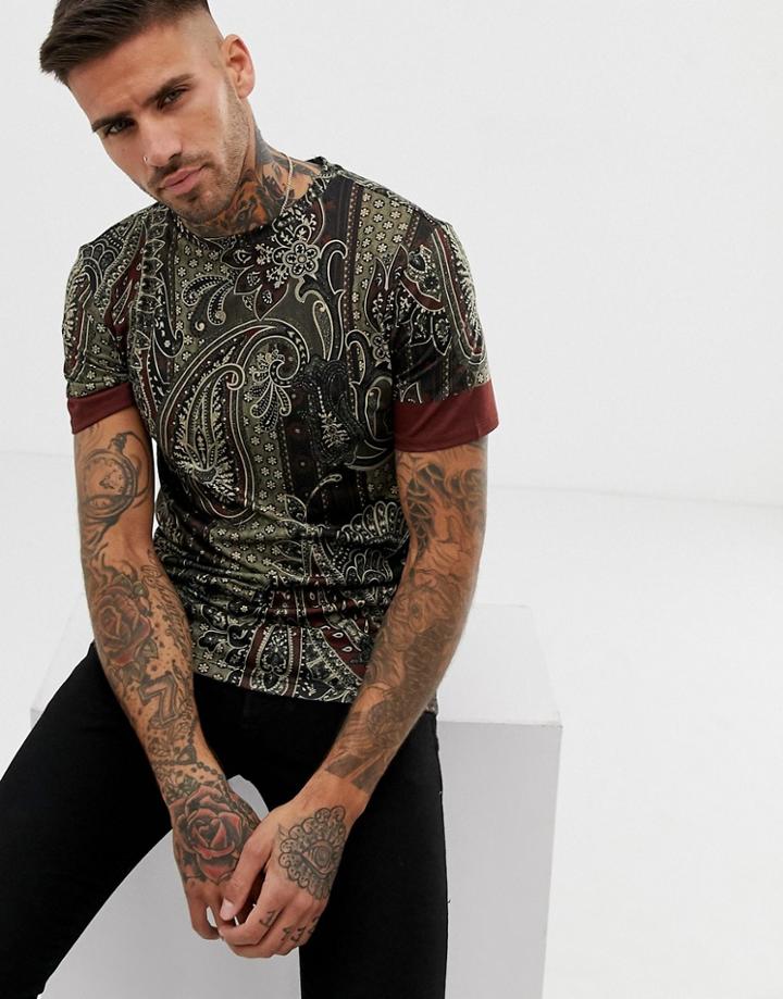 River Island Muscle Fit T-shirt With Paisley Print In Burgundy - Red