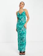 I Saw It First Slinky Halterneck Cowl Neck Maxi Dress In Green