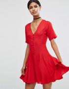 Asos Tea Dress With Rouleau Buttons And Layered Skirt - Red
