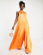 Asos Design Satin Halter Neck Blackless Wide Leg Jumpsuit In Orange