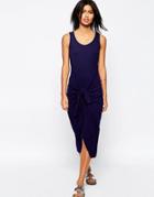 Asos Rib Dress With Tie Front - Navy