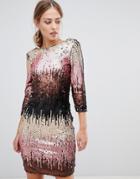Little Mistress Ombre Sequin Bodycon Dress With Long Sleeves And Scoop Back - Multi