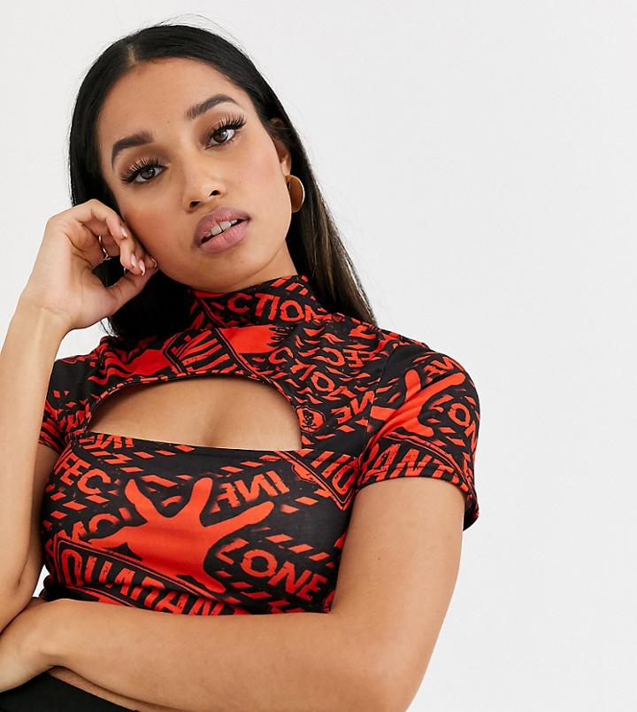 Asos Design Petite Halloween Crop Top With Cut Out Detail In Quarantine Print-multi
