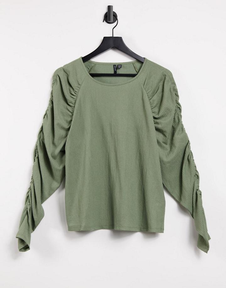 Vero Moda Wide Neck Top With Ruched Sleeves In Khaki-green