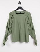 Vero Moda Wide Neck Top With Ruched Sleeves In Khaki-green