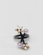 Asos Design Ring With Crystal Star And Pearl In Gunmetal - Silver