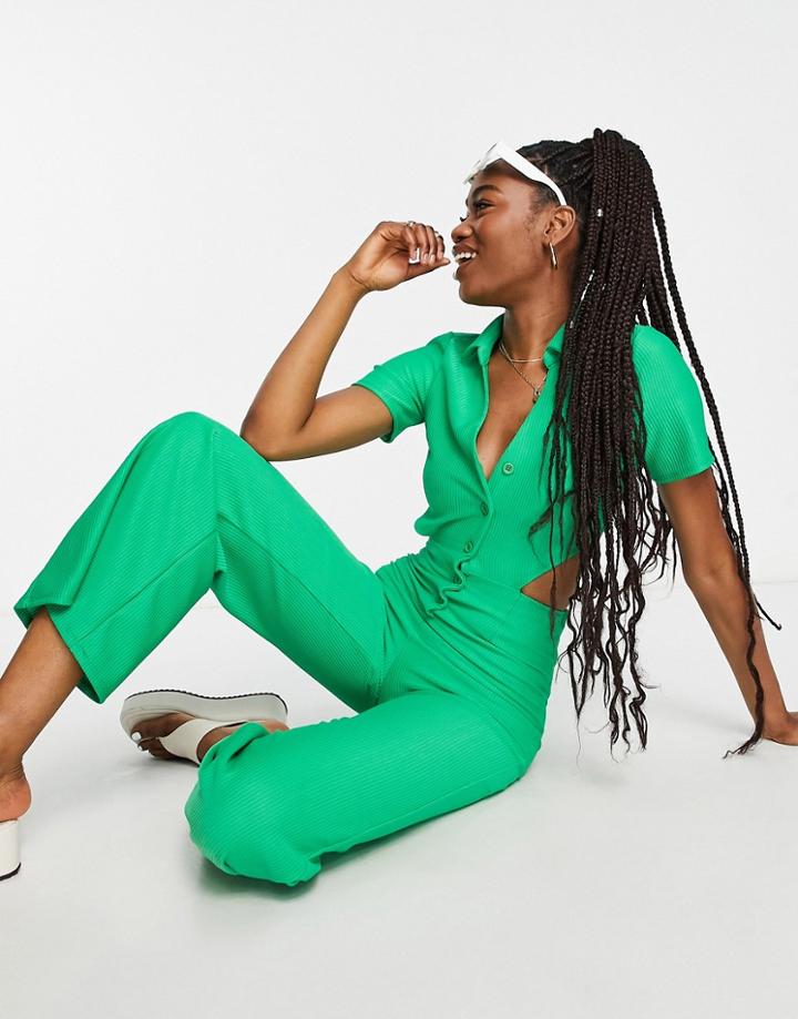 Asos Design Jersey Rib Collar Retro Jumpsuit In Green