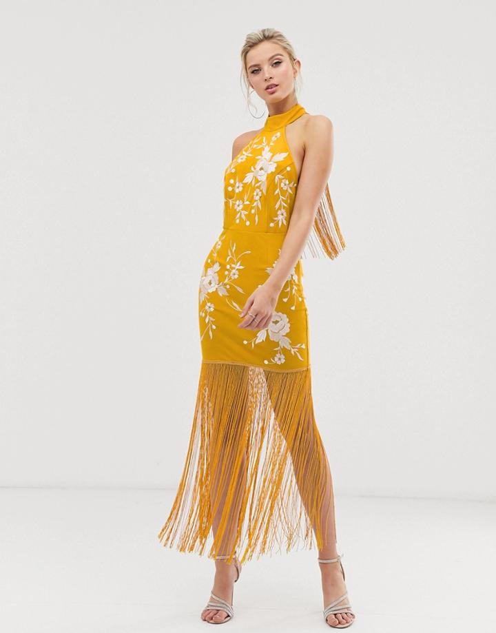 Asos Design Halter Embroidered Midi Dress With Fringe - Yellow