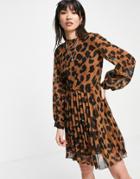 Asos Design High Neck Pleated Long Sleeve Skater Mini Dress In Animal Print-multi