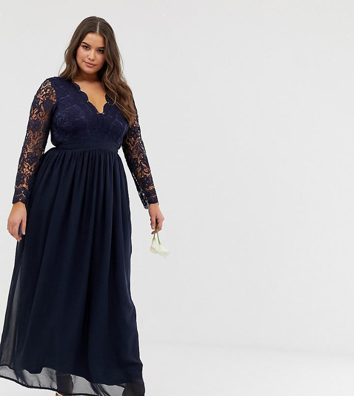 Club L Plus Bridesmaid Long Sleeve Crochet Detail Maxi Dress-navy