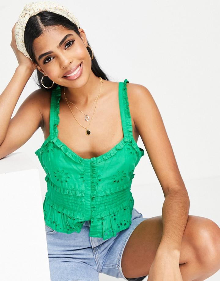 Topshop Broderie Pintuck Cami Top In Green