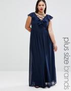 Club L Plus Maxi Dress With Lace Up Front And Ruffle Detail - Navy