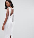 Asos Design Tall Embellished Scuba Fringe Back Midi Bodycon Dress - White