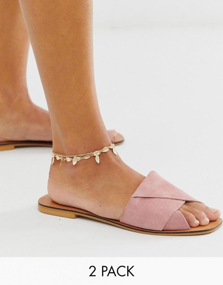 Asos Design Pack Of 2 Anklets With Feather Pendants In Gold Tone